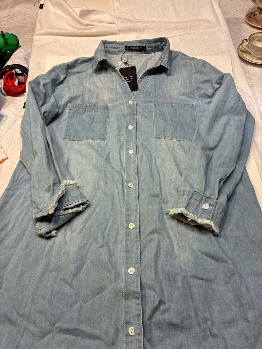 Zilcremo Women's Long Sleeve Button Down Denim Shirt Dress with Frayed Hem and C